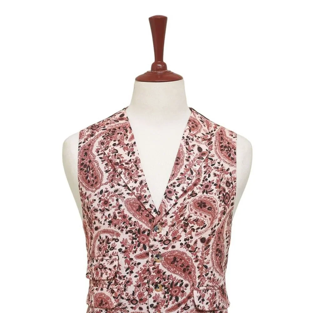 Mens Paisley Vest 44R Red Beige Waistcoat XL Formal Wedding Prom Party Groom